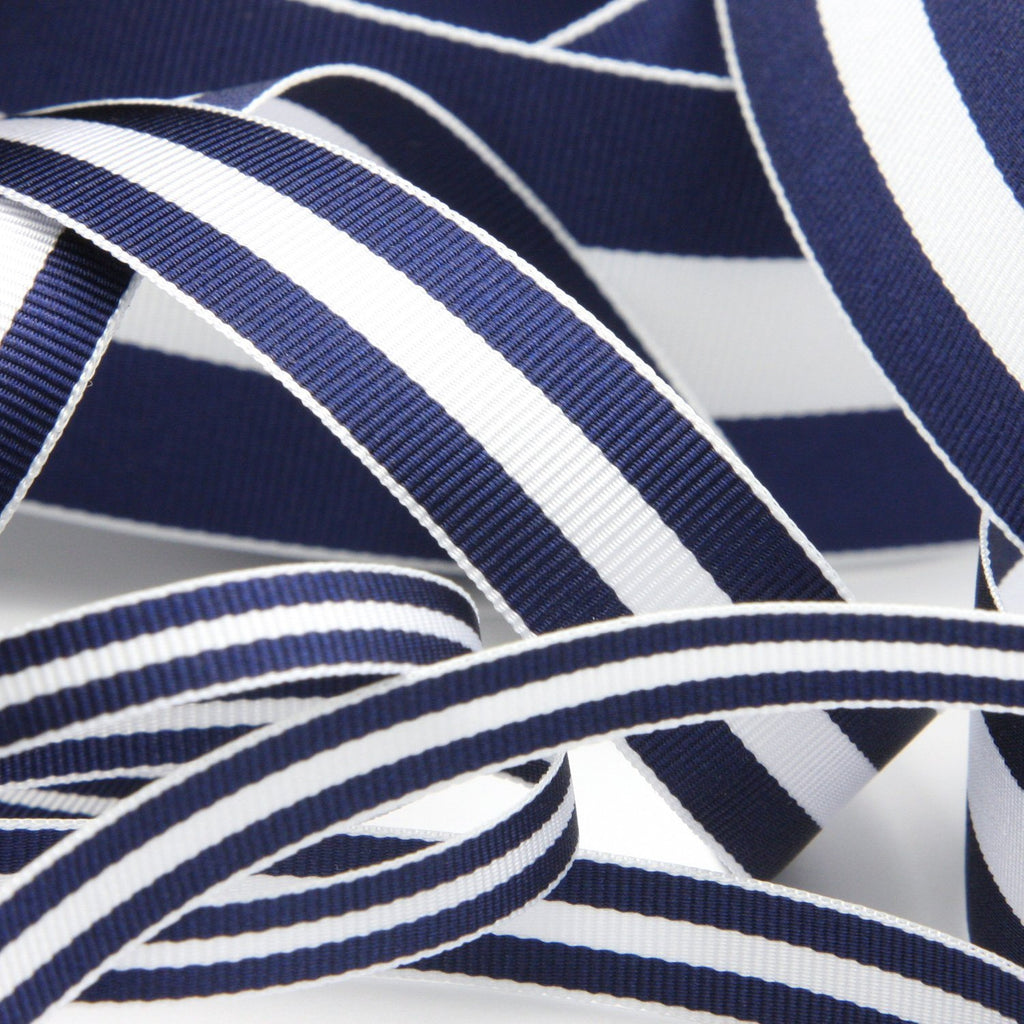 Caspari Grosgrain Stitch Wired Ribbon, Marine Blue and White